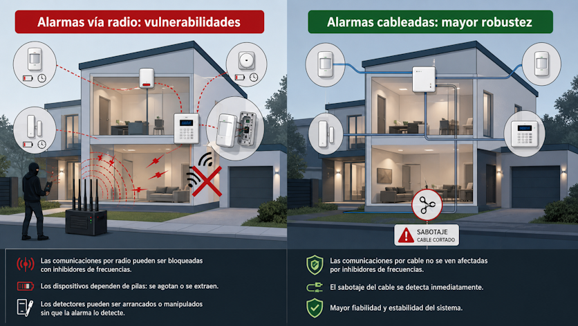 Infografía comparando vulnerabilidades de las alarmas vía radio frente a la mayor robustez de los sistemas de alarma cableados.